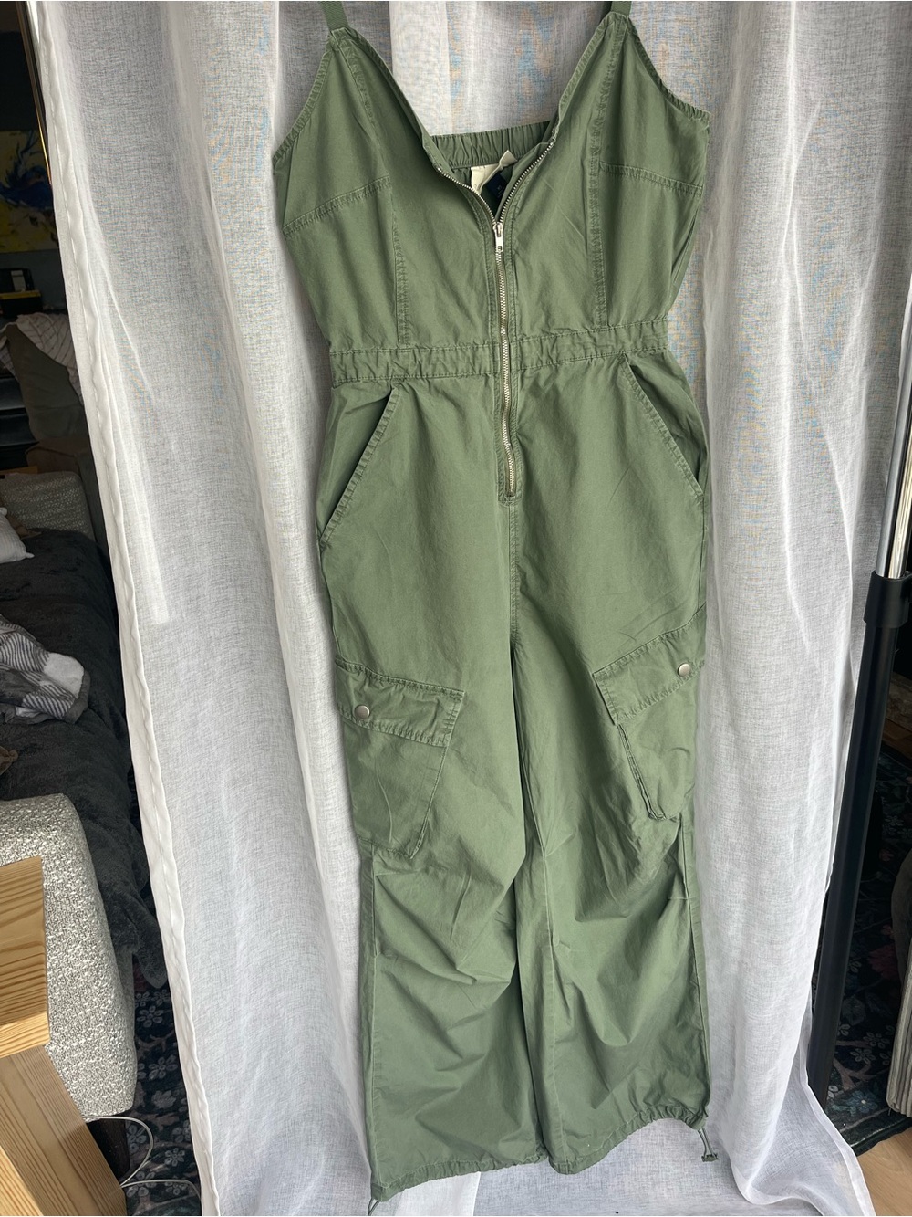 Universal Thread XS Olive Green Cargo Jumpsuit, Wide Leg Parachute Style